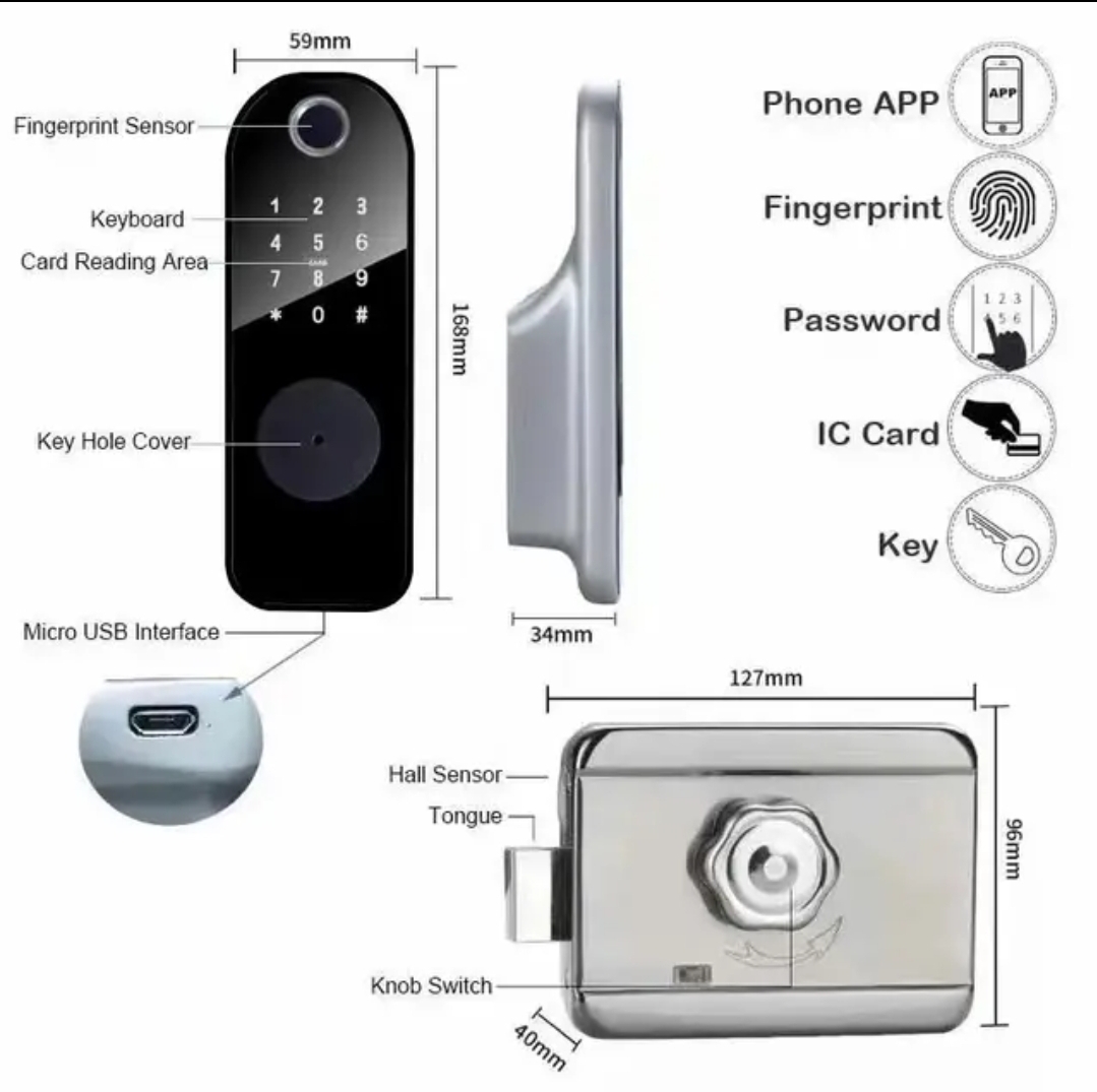 Smart Lock R06 Rim Lock - Keyless Entry - Fingerprint, Pass code, key card, Mobile App (Bluetooth) - BAS Kuwait
