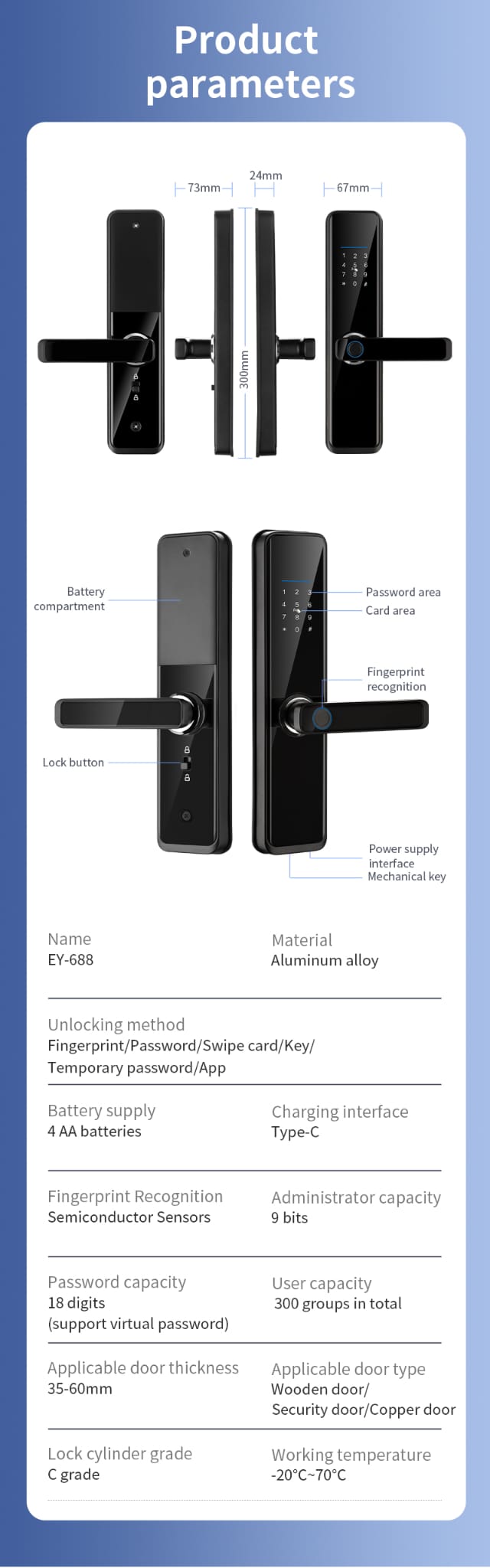 Smart Lock A270 - Keyless Entry - Fingerprint, Pass code, key card, Mobile App (Wifi & Bluetooth) - BAS Kuwait