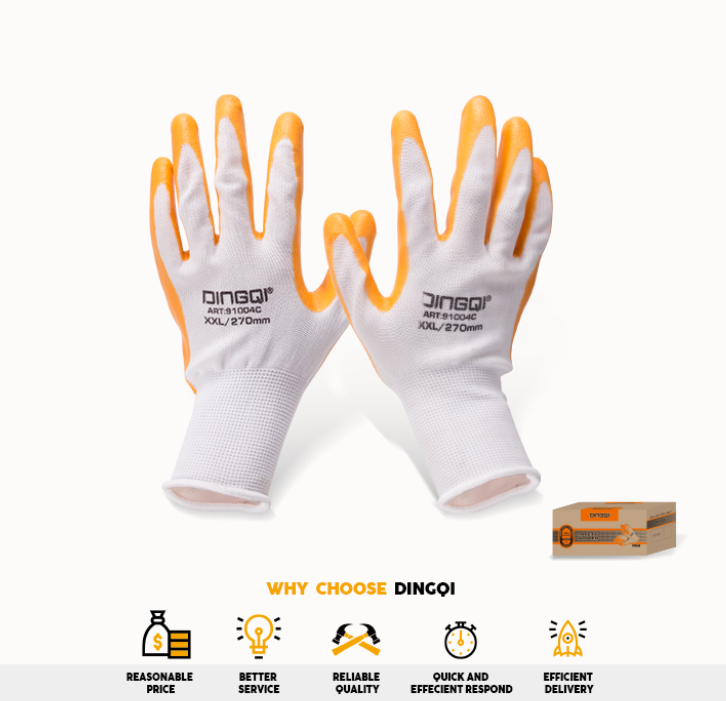 Gloves Palm Coated Latex PU Polyurethane Palm Fit Safety Work Gloves 10" DINGQI BRAND - BAS Kuwait