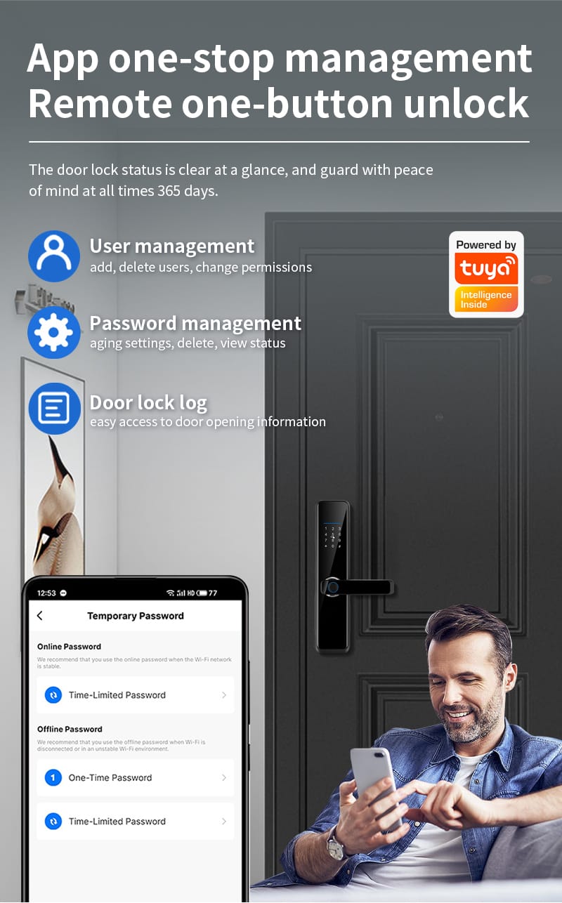 Smart Lock A270 - Keyless Entry - Fingerprint, Pass code, key card, Mobile App (Wifi & Bluetooth) - BAS Kuwait